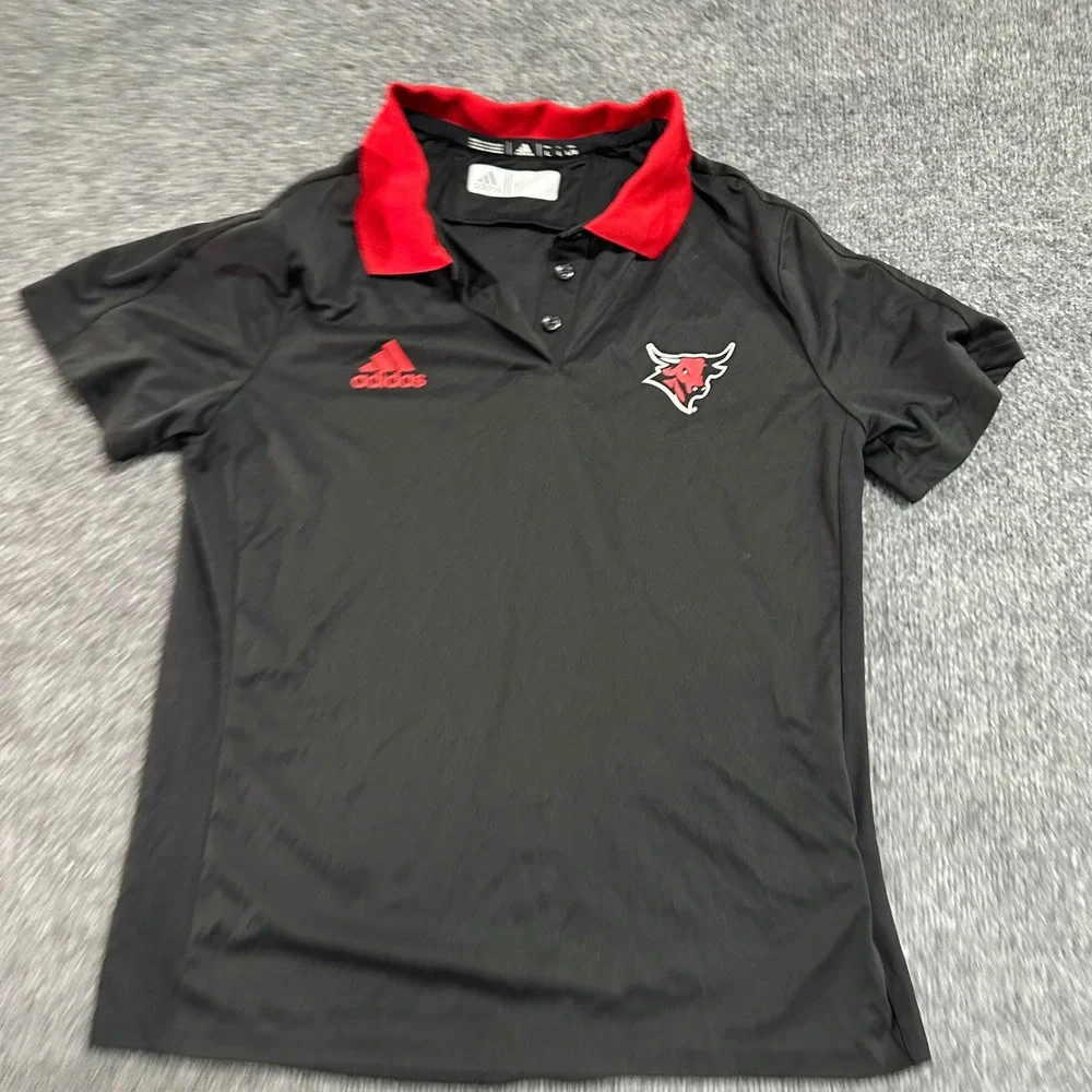 Adidas Polo Mens Size L Black Red Climalite Athletic Short Sleeve Bull Mascot